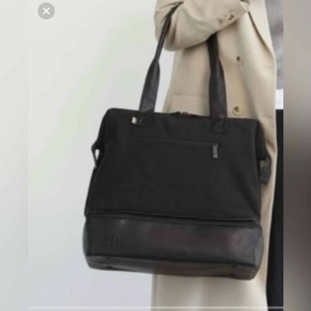 BEIS Black Travel Tote with Dark Brown Base and Straps